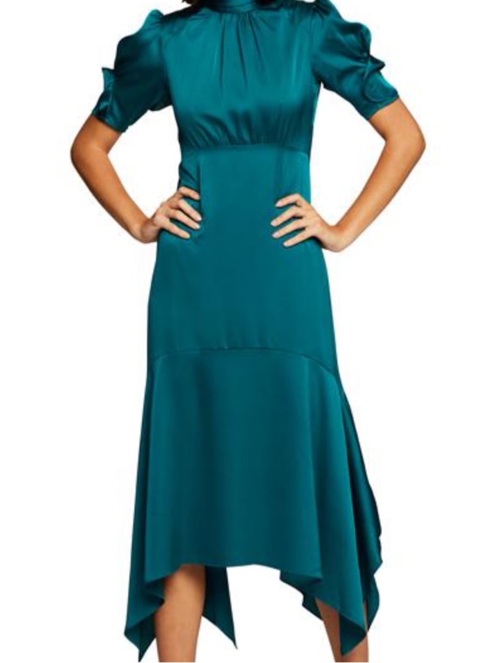 Eliza J Teal Satin High-Low Puff Sleeve Dress